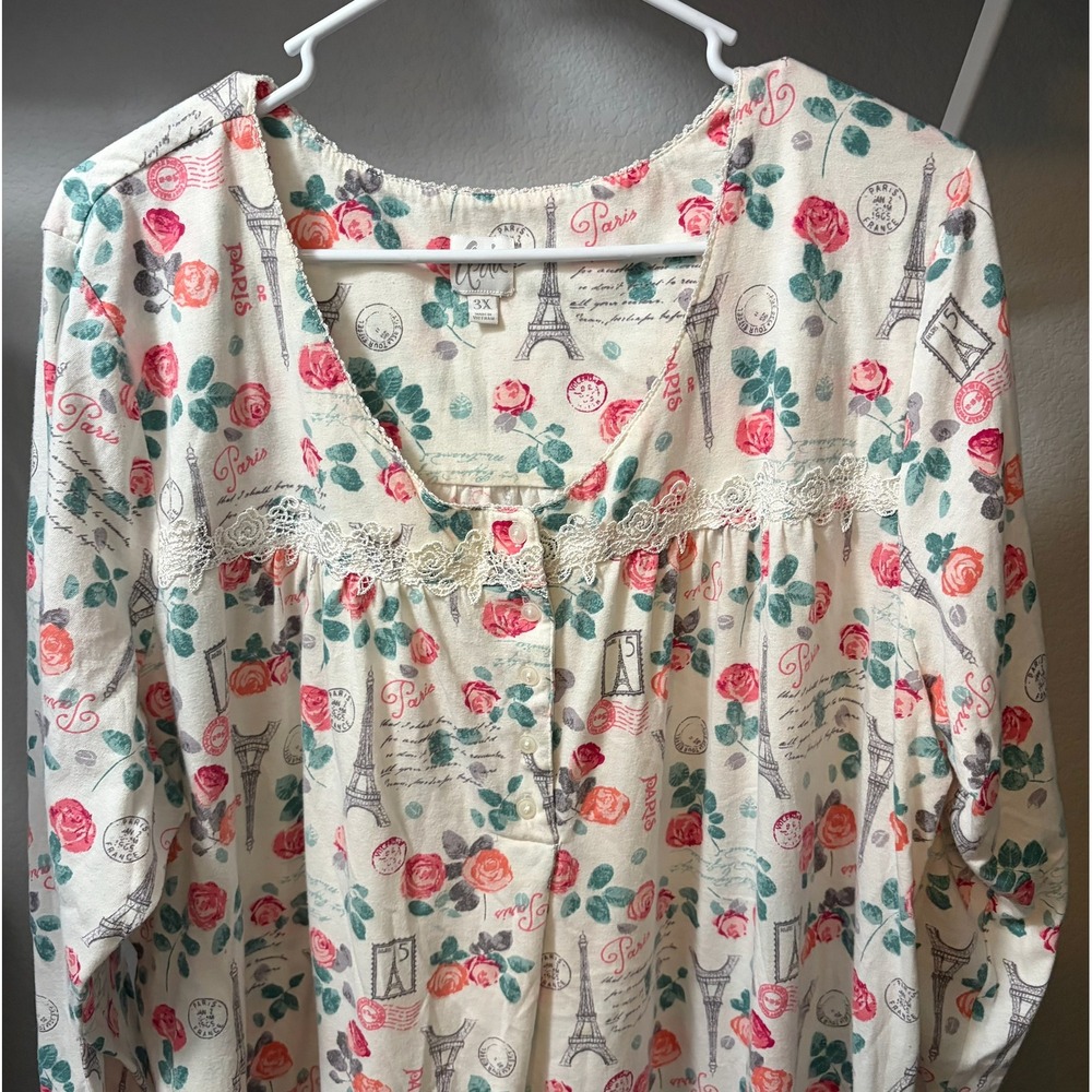 Aria Nightgown Long Sleeve Paris Eiffel Tower Floral Lace Trim Cream 3X - Picture 3 of 5